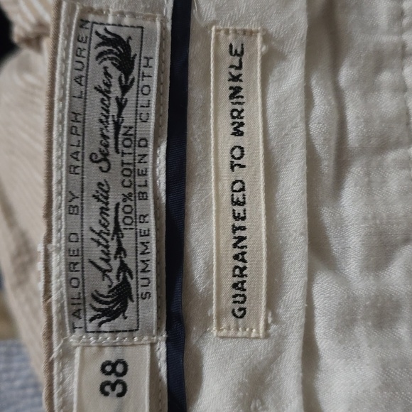 Mens Polo Ralph Lauren Shorts Seersucker Khaki White 38 Summer Blend Cloth VTG - Picture 9 of 9